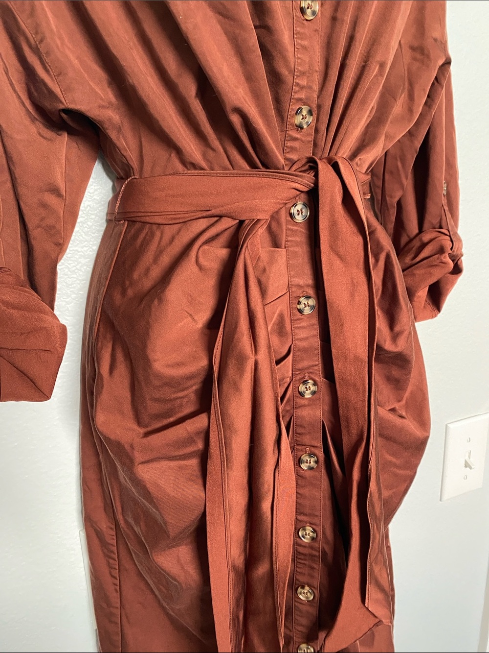 Antonio Melani Roxanne Button-Front Shirt Midi Dress in Brown Rust Waist Tie 2 - Picture 4 of 11